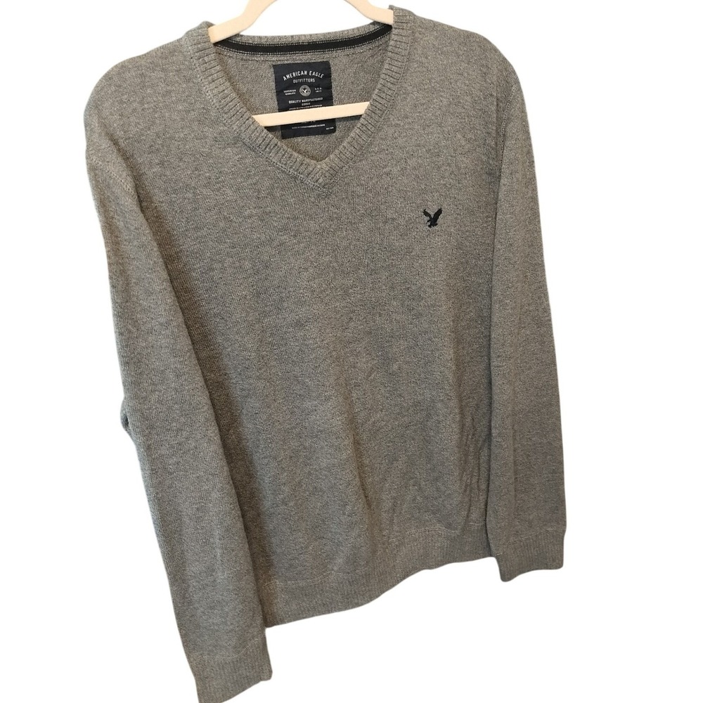 American Eagle Outfitters Men's XL Gray V Neck‎ Sweater Eagle Logo Cotton Blend - Picture 5 of 7